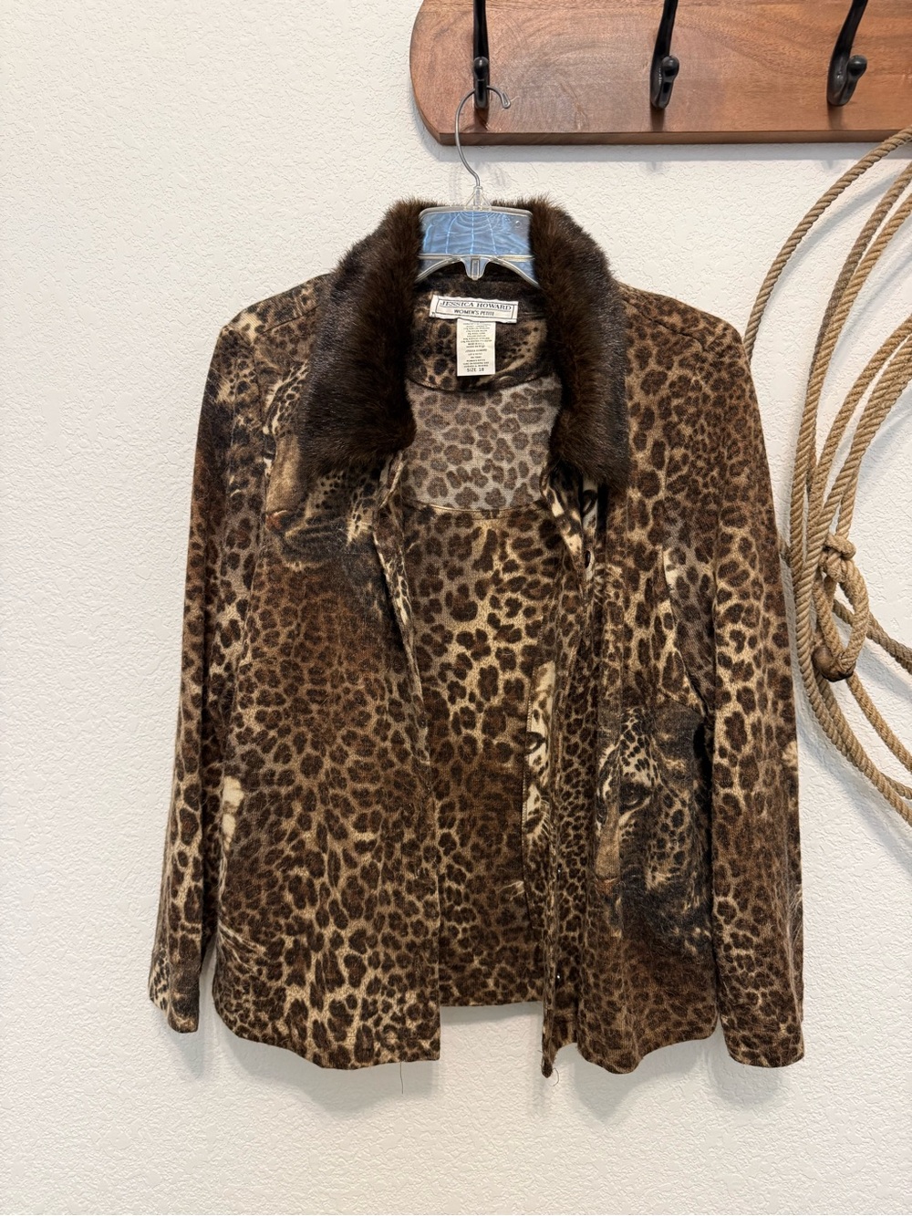 Vintage 90s Jessica Howard Leopard Print Faux Fur Collar Cardigan Jacket - 18WP